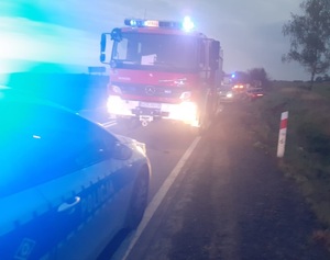 na zdjęciu widzimy policyjny radiowóz i w oddali wóz strażacki z włączonymi światłami