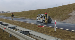 Strażacy podczas gaszenia pożaru samochodu osobowego.